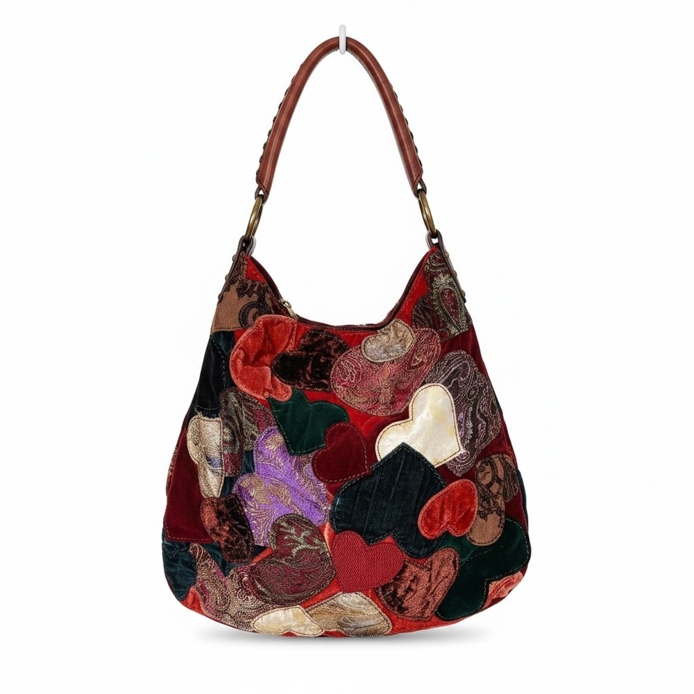 Lucky Brand Hobo Bag Womens Large Red Heart Patchwork Vintage Velvet Leather